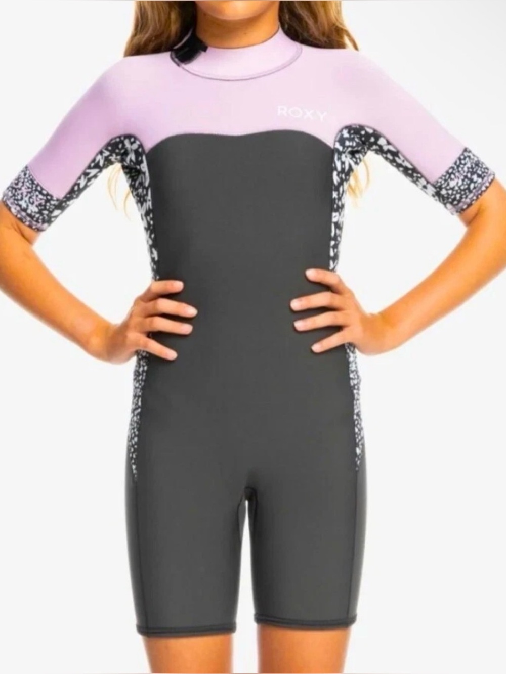 NEW Roxy Girls' 2mm Swell Series Short Sleeve Back Zip Springsuit Jet/Orchid 12
